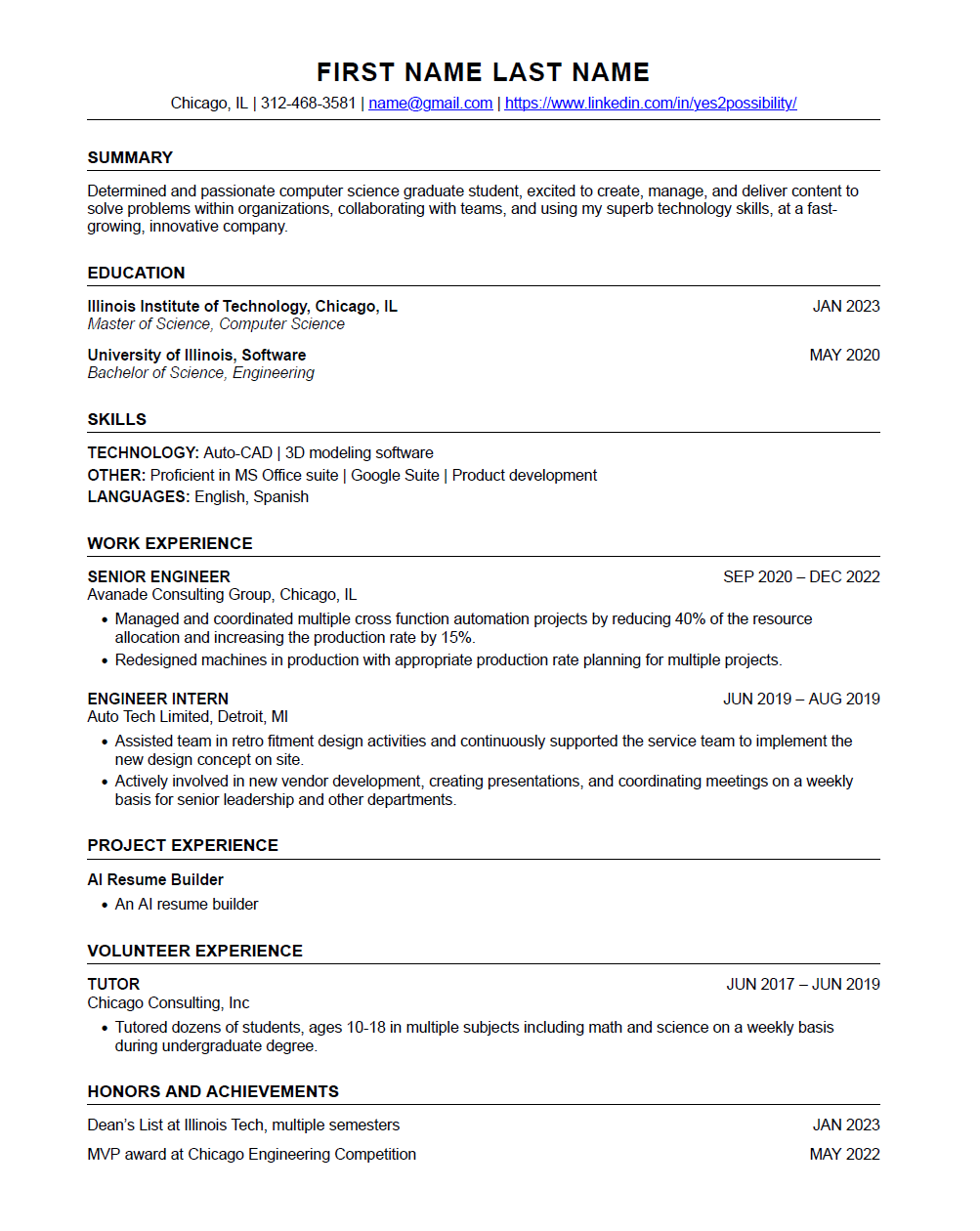 Illinois Tech Resume Template